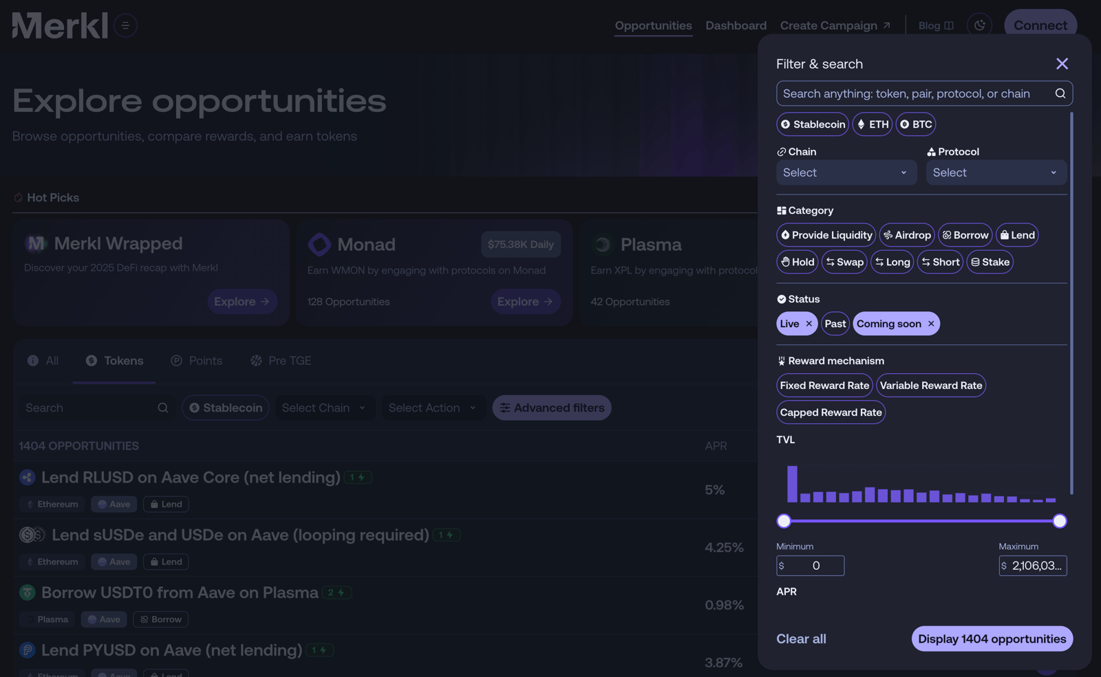 Merkl App Opportunities filters