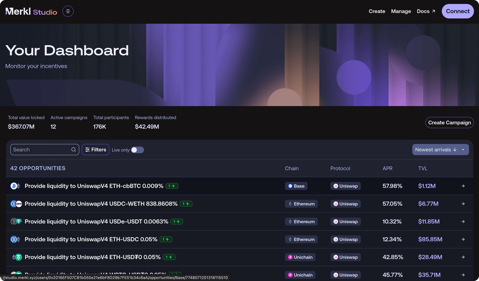 Merkl Studio Manage Incentive Campaigns section