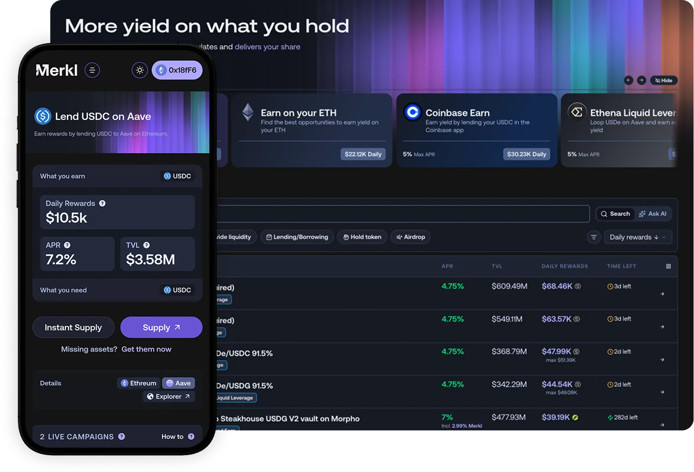 The Merkl App on desktop and mobile: the opportunities explorer and an opportunity page