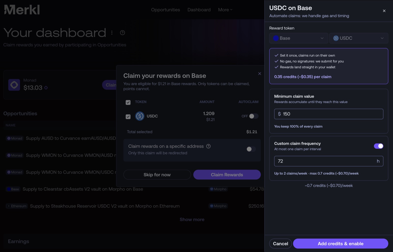 The Autoclaim panel in the Merkl App for USDC on Base: minimum claim value, custom claim frequency and the credits per claim