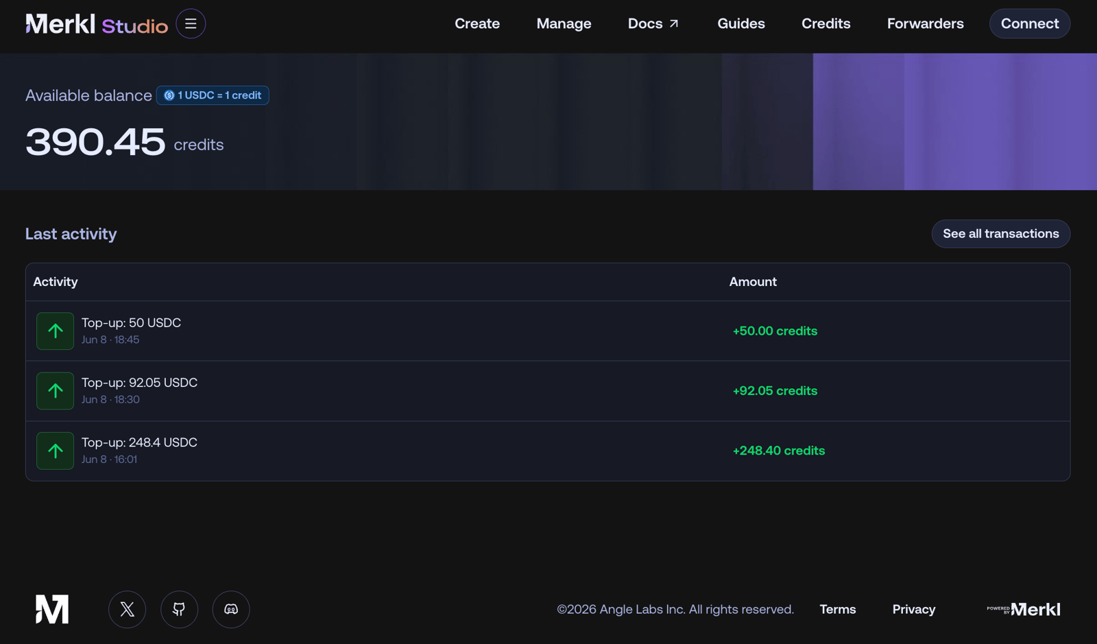 Screenshot of the credit section in Merkl Studio