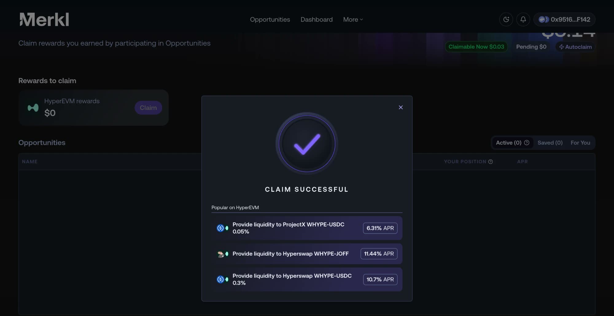 The Merkl Dashboard's claim confirmation, with a short list of featured opportunities under it