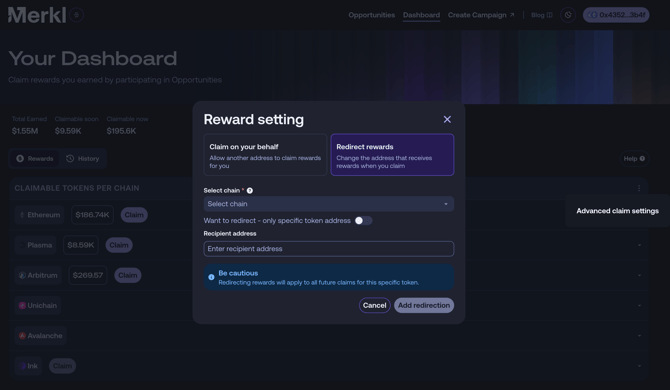 Redirect rewards in the Merkl App