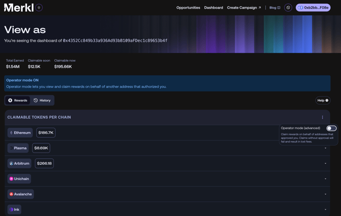 Claim on behalf of another address on Merkl